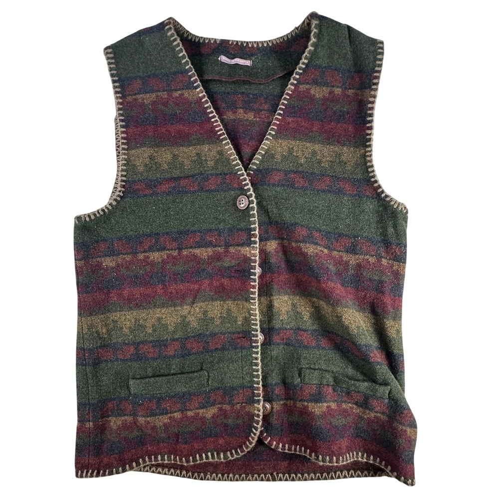 Tribal Vintage Knit Vest Southwestern Blanket Stitch Green Burgundy Small Wool